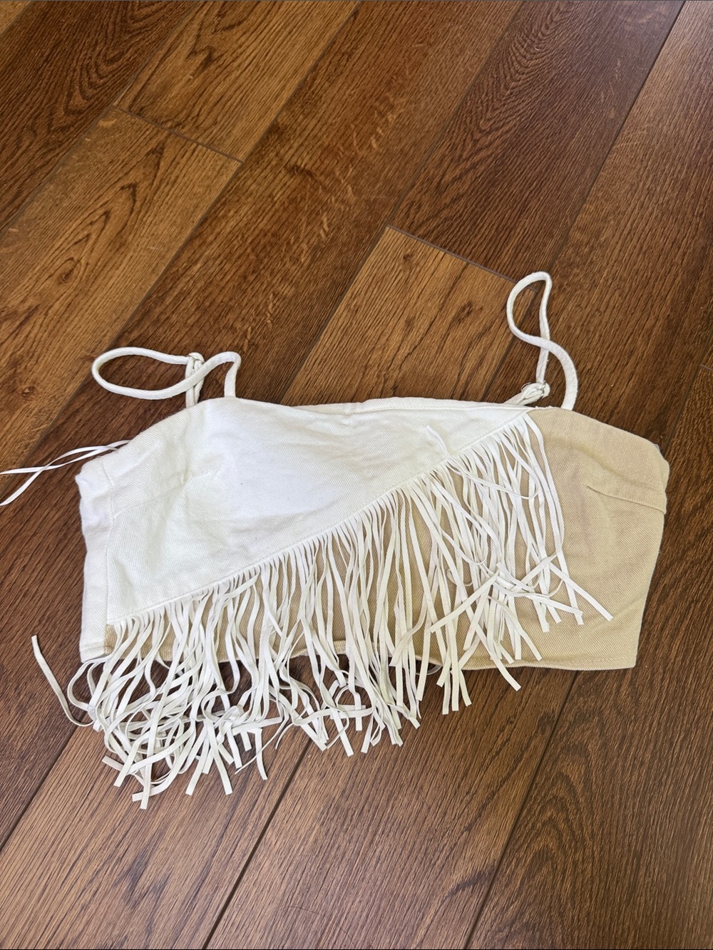 Le Lis White and Beige Fringe Crop Top